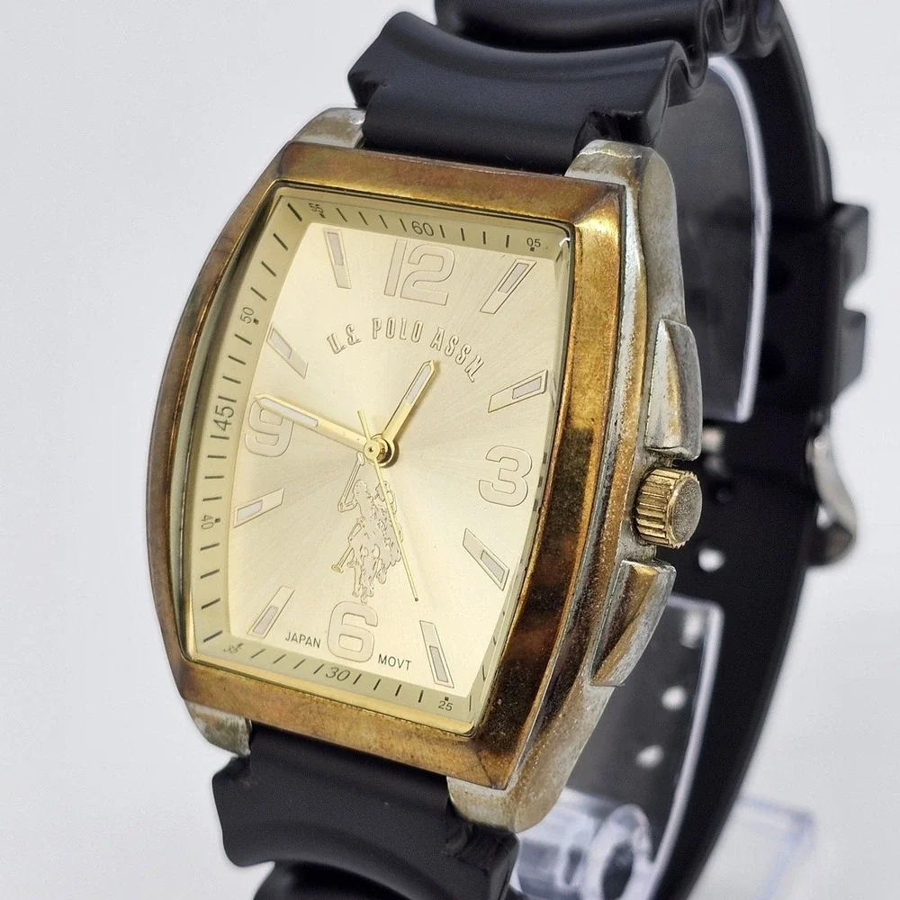 US Polo Assn Men's Watch 42mm Gold Dial Case New‎ Black Platic Bands New Battery